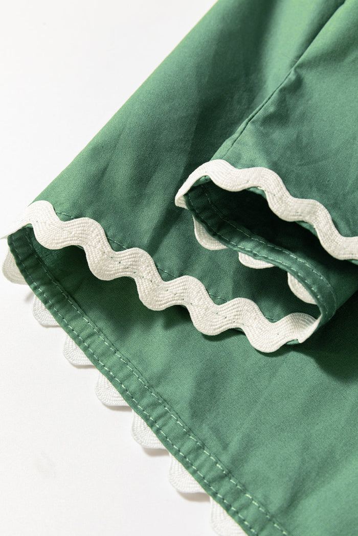 Mist Green Ric Rac Trim Tie Split Neck Short Sleeve Blouse - Tops/Blouses & Shirts