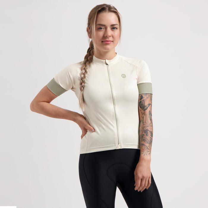 Rogelli Modesta fietsshirt dames zand korte mouw gedragen voorkant.