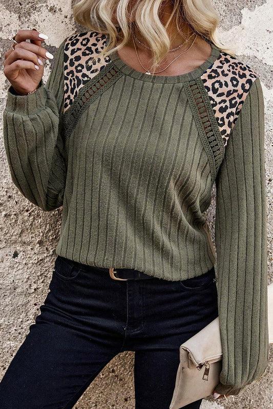 Moss Green Leopard Print Crochet Patchwork Rib Textured Knit Top - MOSS GREEN / S / 95% POLYESTER + 5% ELASTANE