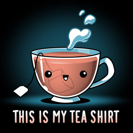 Premium Cotton T-shirt_TeeTurtle black My Tea Shirt featuring a smiling teacup with a tea bag inside. Text below reads, "This is My Tea Shirt."