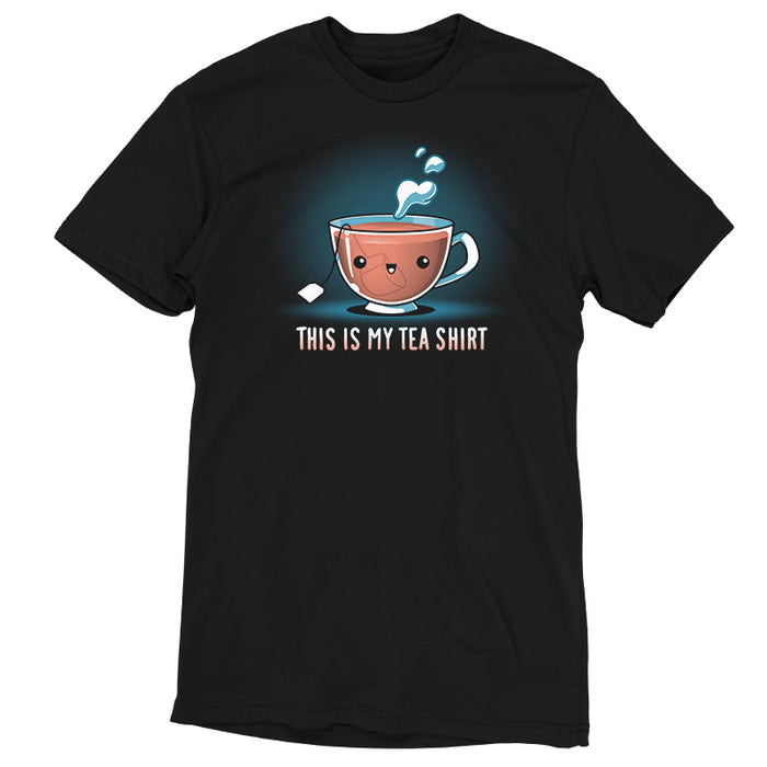 Premium Cotton T-shirt_TeeTurtle black My Tea Shirt featuring a smiling teacup with a tea bag inside. Text below reads, "This is My Tea Shirt."