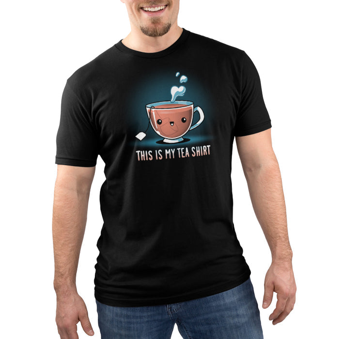 Premium Cotton T-shirt_TeeTurtle black My Tea Shirt featuring a smiling teacup with a tea bag inside. Text below reads, "This is My Tea Shirt."