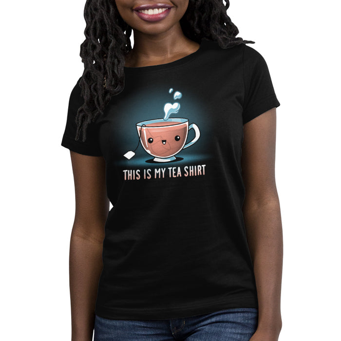 Premium Cotton T-shirt_TeeTurtle black My Tea Shirt featuring a smiling teacup with a tea bag inside. Text below reads, "This is My Tea Shirt."