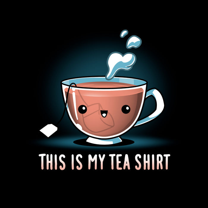 Classic Cotton T-shirt_TeeTurtle black My Tea Shirt featuring a smiling teacup with a tea bag inside. Text below reads, "This is My Tea Shirt."
