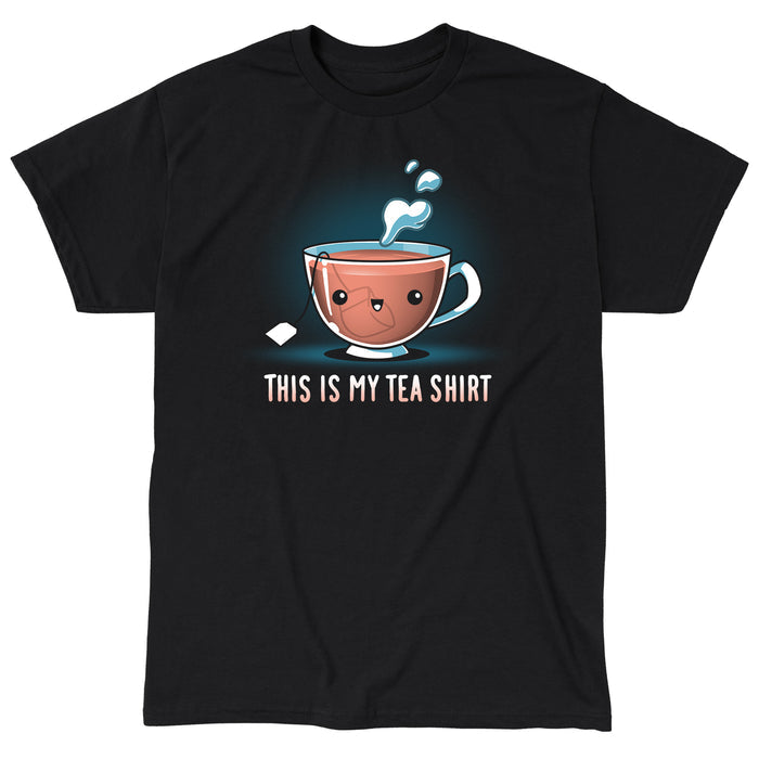 Classic Cotton T-shirt_TeeTurtle black My Tea Shirt featuring a smiling teacup with a tea bag inside. Text below reads, "This is My Tea Shirt."