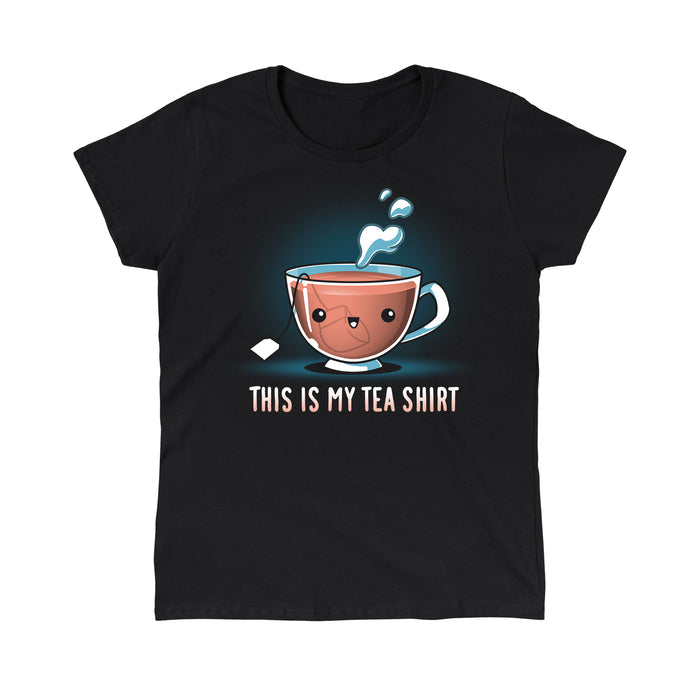 Classic Cotton T-shirt_TeeTurtle black My Tea Shirt featuring a smiling teacup with a tea bag inside. Text below reads, "This is My Tea Shirt."
