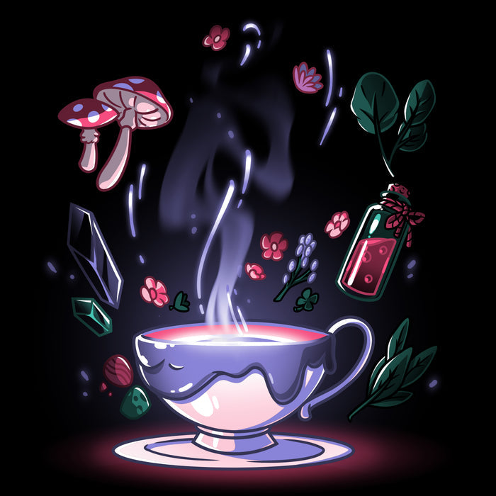 Premium Cotton T-shirt_TeeTurtle Mystic Tea black t-shirt featuring a steaming teacup with a dark liquid inside is surrounded by floating magical cottagecore items, including mushrooms, flowers, leaves, crystals, and a small bottle containing a red potion.