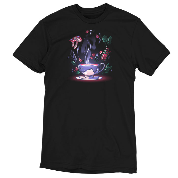 Premium Cotton T-shirt_TeeTurtle Mystic Tea black t-shirt featuring a steaming teacup with a dark liquid inside is surrounded by floating magical cottagecore items, including mushrooms, flowers, leaves, crystals, and a small bottle containing a red potion.