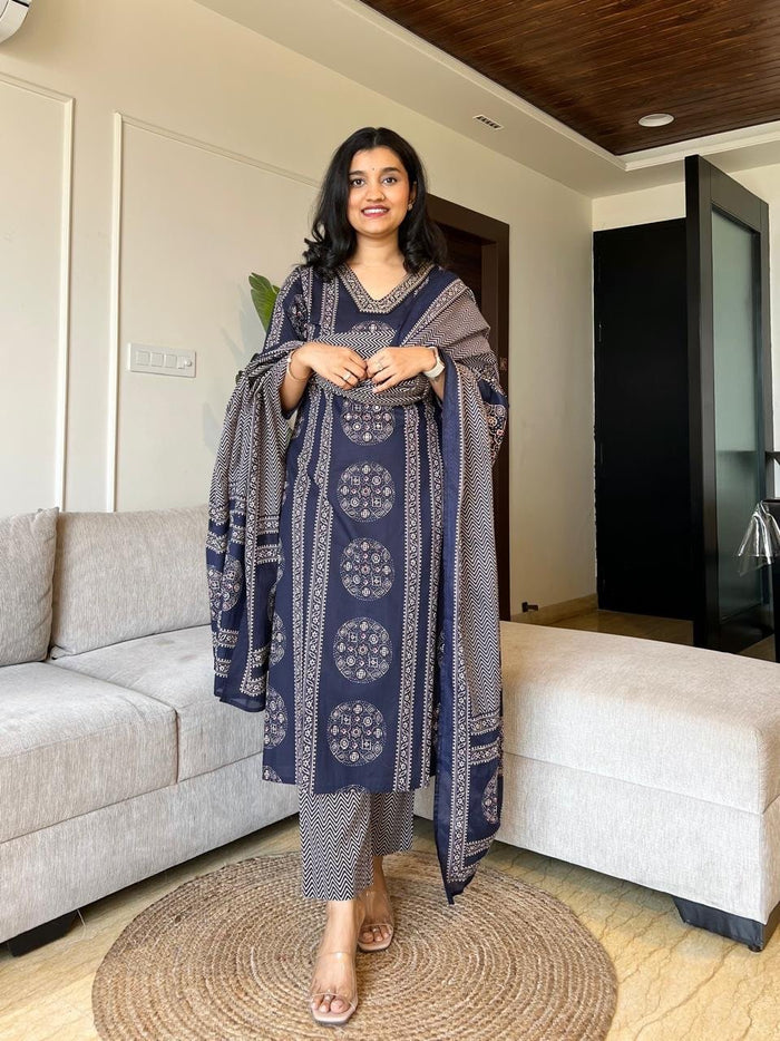 Naina Ajrakh Cotton Suit- Blue