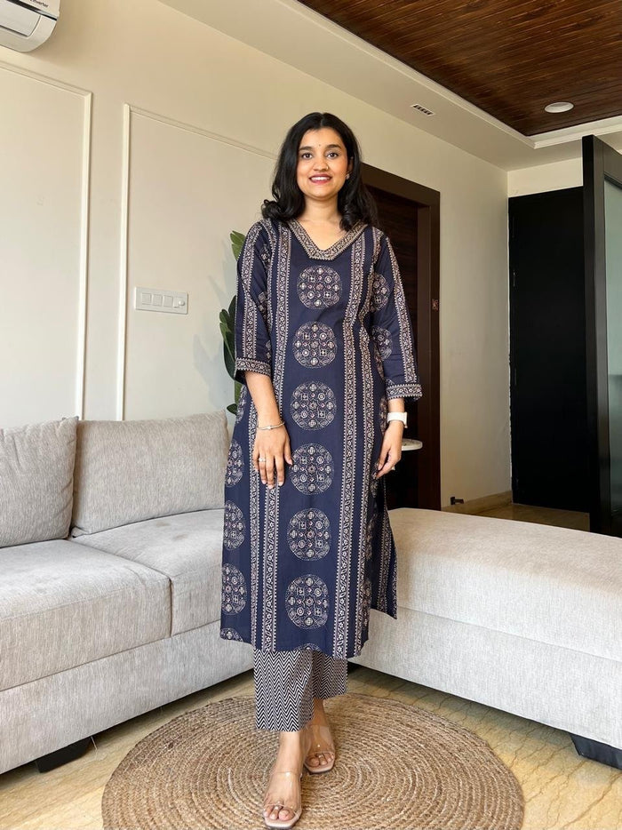 Naina Ajrakh Cotton Suit- Blue