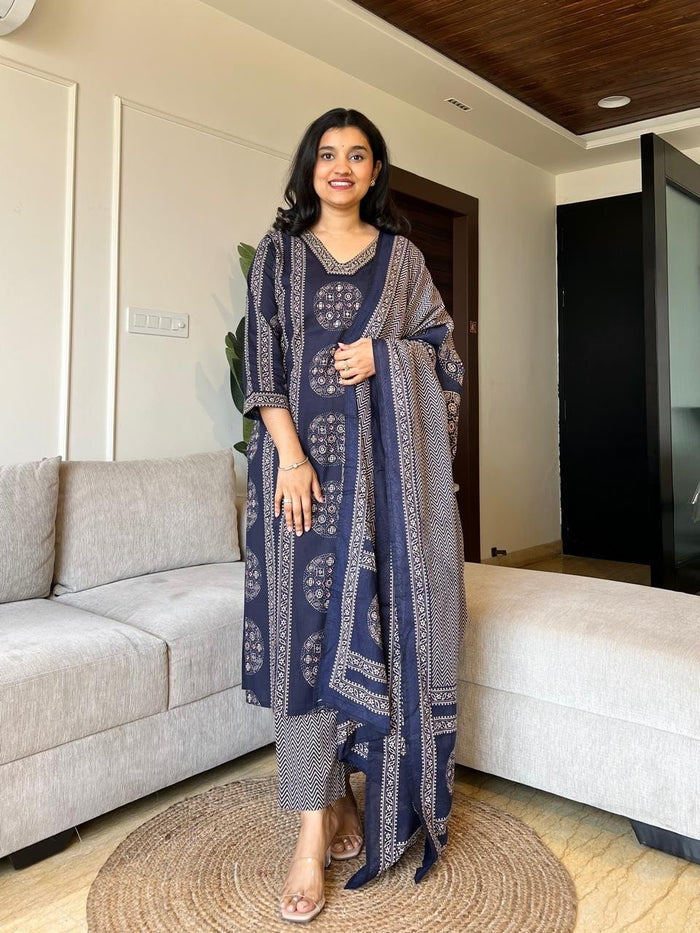 Naina Ajrakh Cotton Suit- Blue