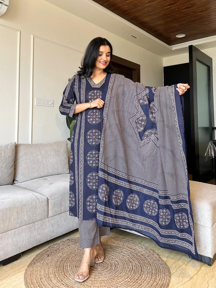 Naina Ajrakh Cotton Suit- Blue