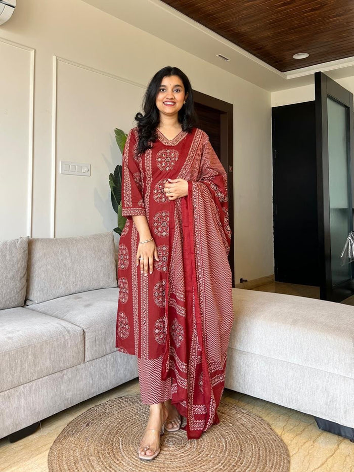 Naina Ajrakh Cotton Suit- Red