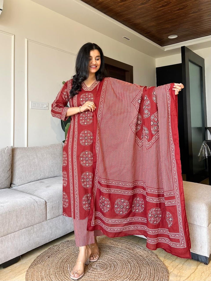 Naina Ajrakh Cotton Suit- Red