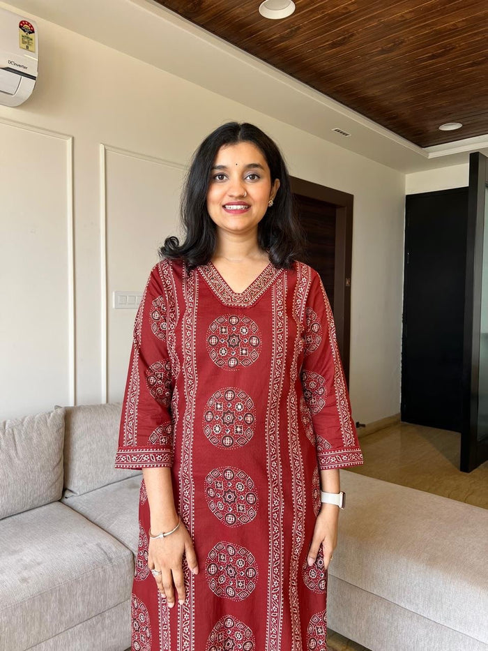 Naina Ajrakh Cotton Suit- Red
