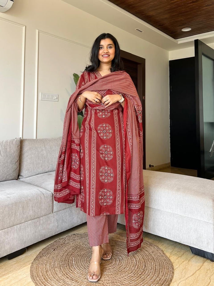 Naina Ajrakh Cotton Suit- Red