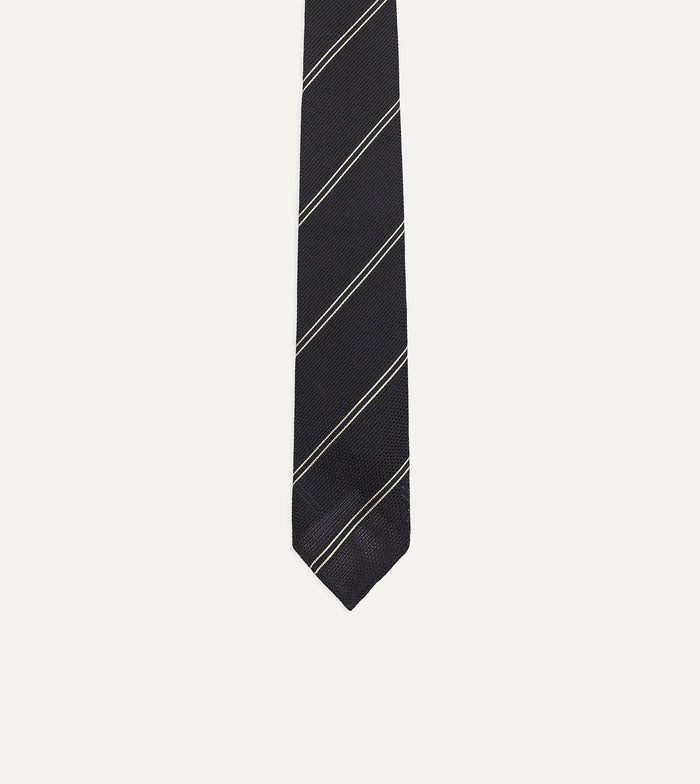 Navy and Silver Sandwich Stripe Hand Rolled Silk Grenadine Tie