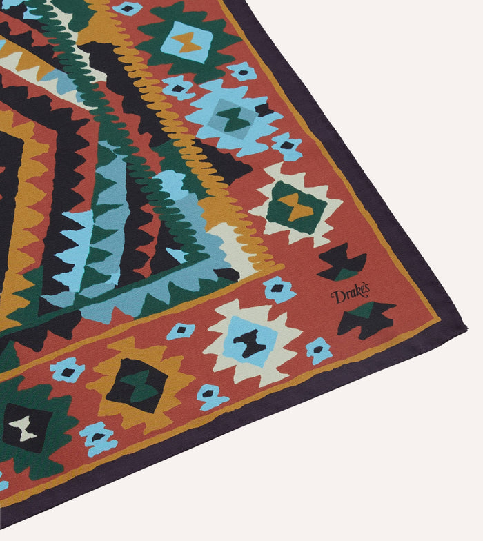 Navy and Yellow Kilim Print Silk Bandana