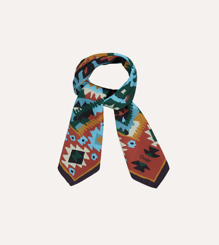 Navy and Yellow Kilim Print Silk Bandana