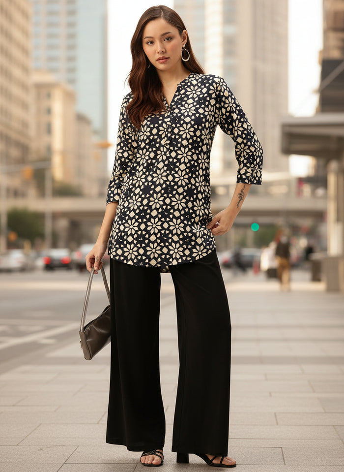 Navy Blue Floral Printed Mandarin Collar Tunic, Floral Printed Tunic, printed tunic, mandarin collar Tunic, casual wear Tunic, women’s tunic, Office Wear Tunic