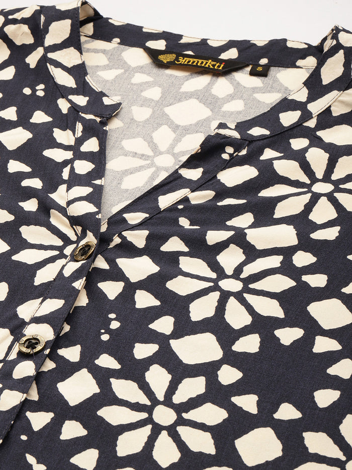 Navy Blue Floral Printed Mandarin Collar Tunic, Floral Printed Tunic, printed tunic, mandarin collar Tunic, casual wear Tunic, women’s tunic, Office Wear Tunic