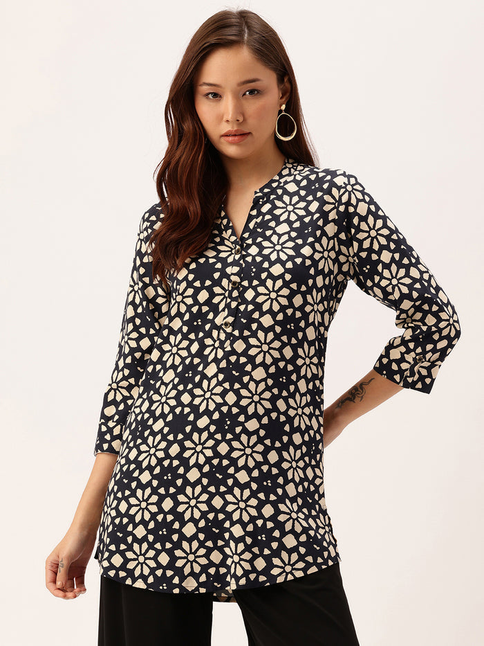 Navy Blue Floral Printed Mandarin Collar Tunic, Floral Printed Tunic, printed tunic, mandarin collar Tunic, casual wear Tunic, women’s tunic, Office Wear Tunic