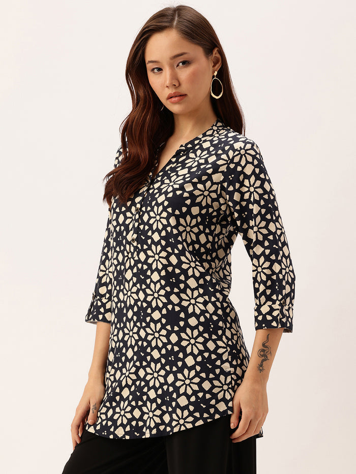 Navy Blue Floral Printed Mandarin Collar Tunic, Floral Printed Tunic, printed tunic, mandarin collar Tunic, casual wear Tunic, women’s tunic, Office Wear Tunic