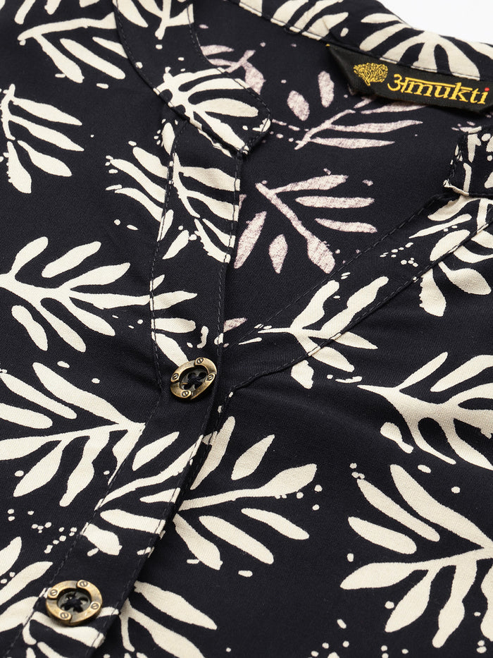 Navy Blue Leaf Printed Mandarin Collar Tunic, Floral Printed Tunic, printed tunic, mandarin collar Tunic, casual wear Tunic, women’s tunic, Office Wear Tunic