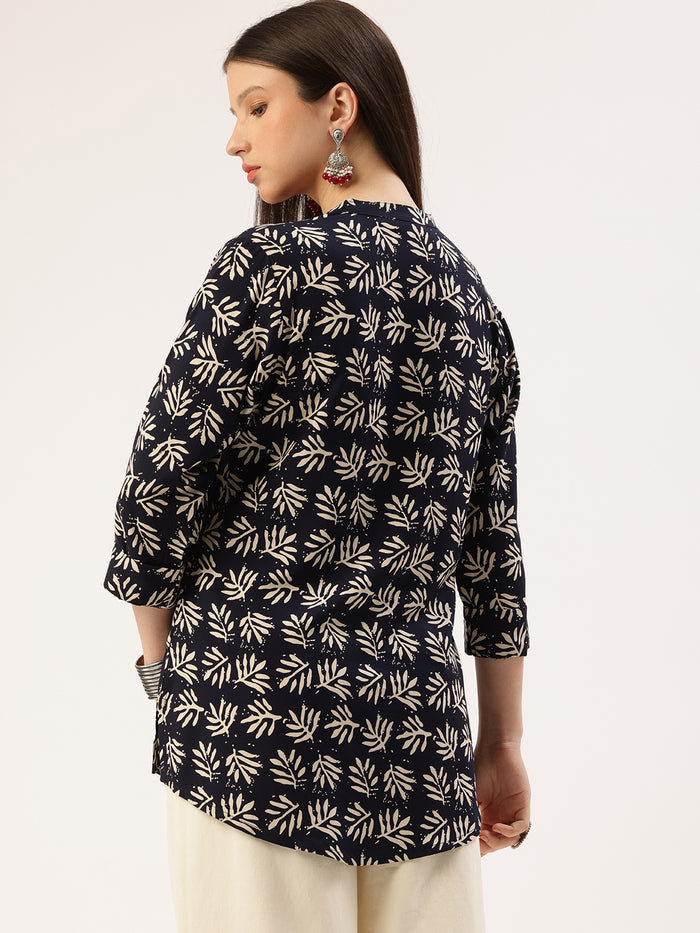 Navy Blue Leaf Printed Mandarin Collar Tunic, Floral Printed Tunic, printed tunic, mandarin collar Tunic, casual wear Tunic, women’s tunic, Office Wear Tunic
