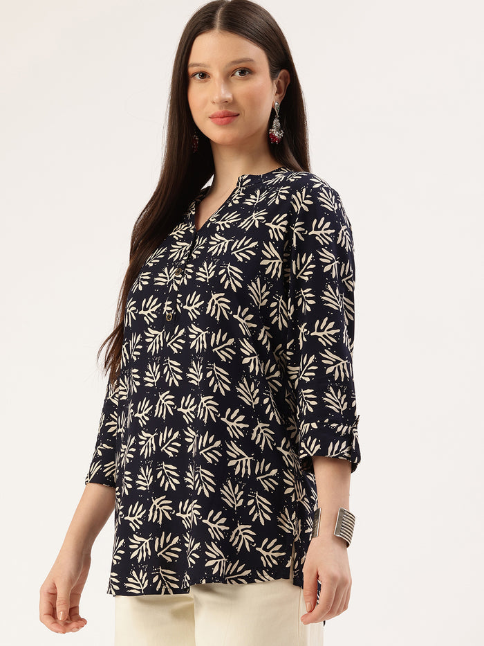 Navy Blue Leaf Printed Mandarin Collar Tunic, Floral Printed Tunic, printed tunic, mandarin collar Tunic, casual wear Tunic, women’s tunic, Office Wear Tunic