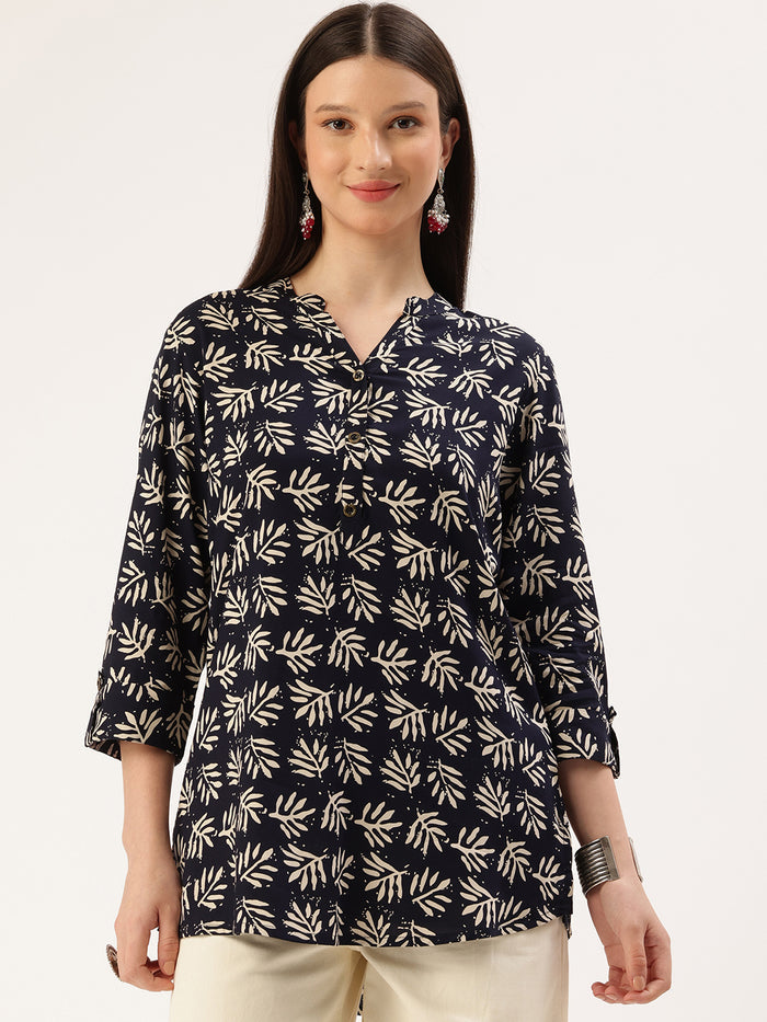 Navy Blue Leaf Printed Mandarin Collar Tunic, Floral Printed Tunic, printed tunic, mandarin collar Tunic, casual wear Tunic, women’s tunic, Office Wear Tunic