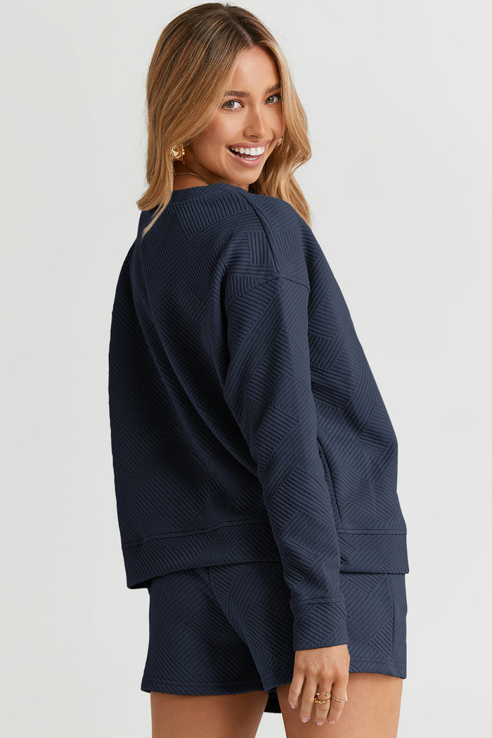 Navy Blue Textured Long Sleeve Top and Drawstring Shorts Set - Two Piece Sets/Short Sets