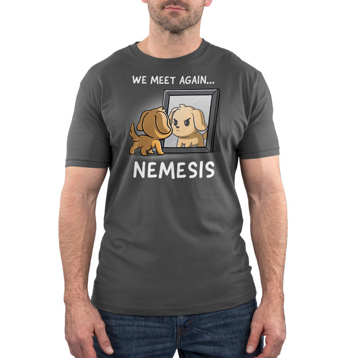 Premium Cotton T-shirt_TeeTurtle charcoal gray Nemesis apparel  featuring a dog who’s looking bravely in the mirror at his reflection. Caption reads, "We meet again...nemesis".