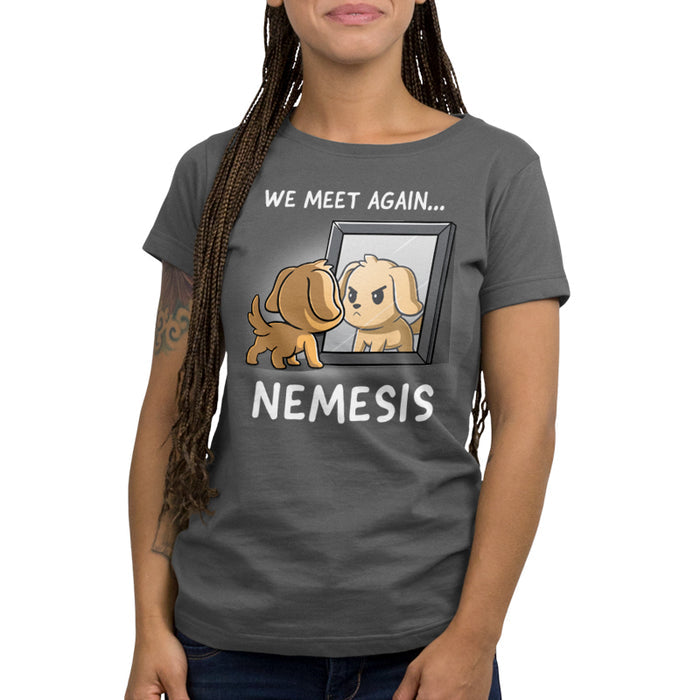 Premium Cotton T-shirt_TeeTurtle charcoal gray Nemesis apparel  featuring a dog who’s looking bravely in the mirror at his reflection. Caption reads, "We meet again...nemesis".
