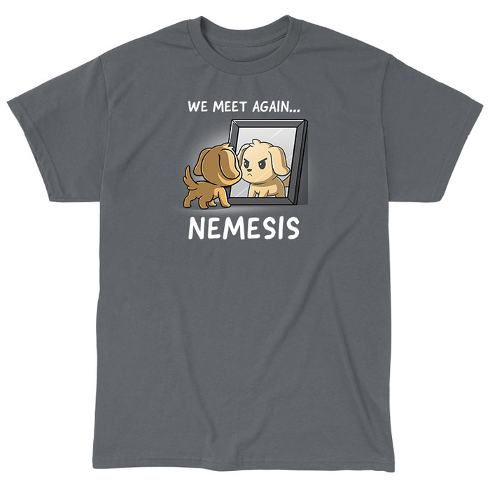 Classic Cotton T-shirt_TeeTurtle charcoal gray Nemesis apparel  featuring a dog who’s looking bravely in the mirror at his reflection. Caption reads, "We meet again...nemesis".