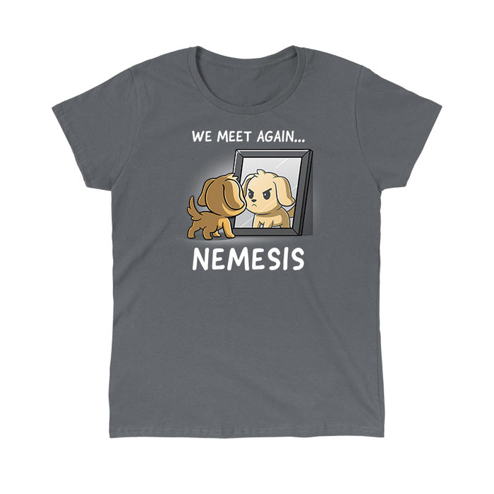 Classic Cotton T-shirt_TeeTurtle charcoal gray Nemesis apparel  featuring a dog who’s looking bravely in the mirror at his reflection. Caption reads, "We meet again...nemesis".