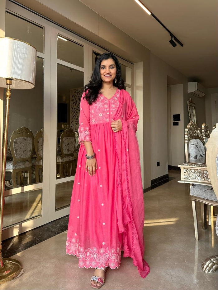 Nia Embroidered Mulmul Anarkali Set- Pink