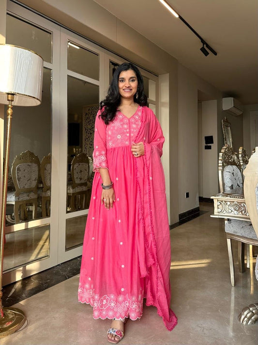 Nia Embroidered Mulmul Anarkali Set- Pink