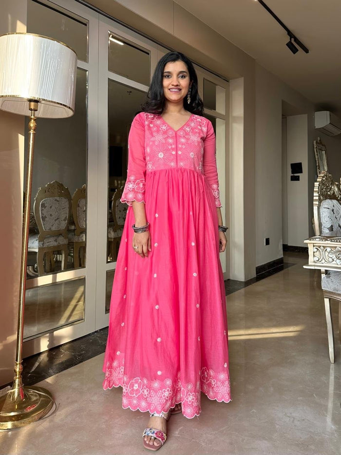 Nia Embroidered Mulmul Anarkali Set- Pink