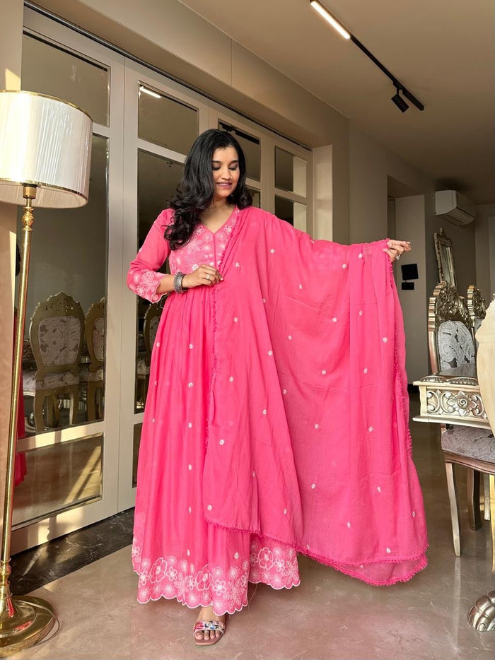 Nia Embroidered Mulmul Anarkali Set- Pink