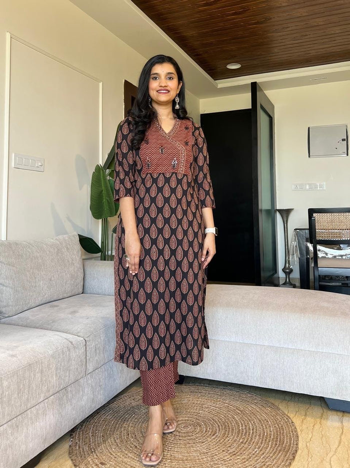 Nisha Ajrakh Angrakha Cotton Set- Black