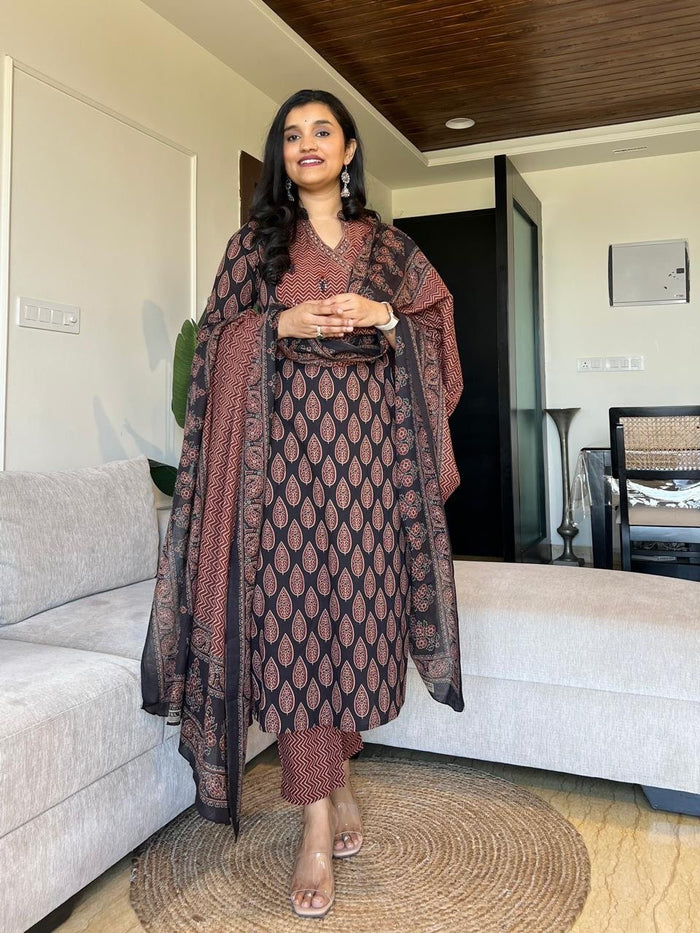 Nisha Ajrakh Angrakha Cotton Set- Black