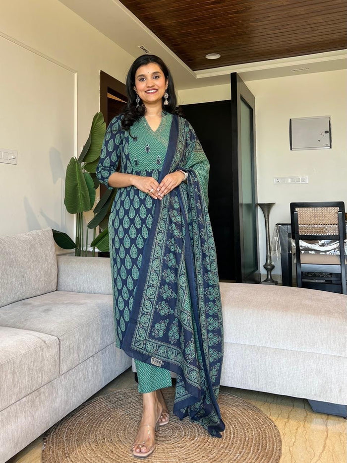 Nisha Ajrakh Angrakha Cotton Set- Blue Green