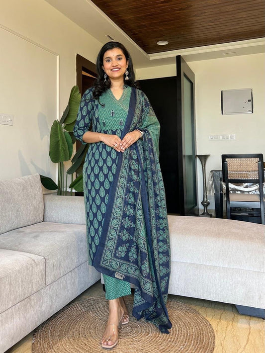 Nisha Ajrakh Angrakha Cotton Set- Blue Green