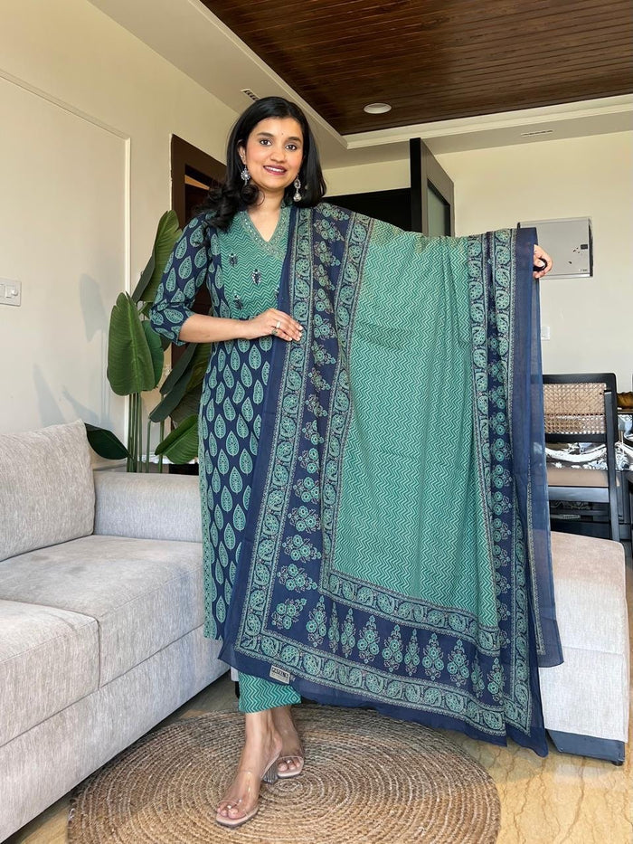 Nisha Ajrakh Angrakha Cotton Set- Blue Green