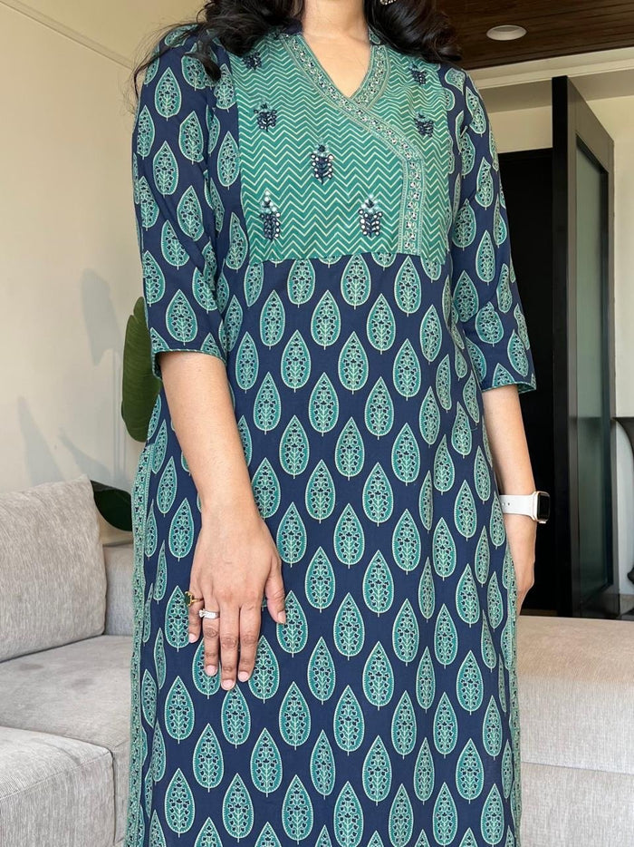 Nisha Ajrakh Angrakha Cotton Set- Blue Green