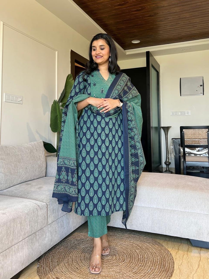 Nisha Ajrakh Angrakha Cotton Set- Blue Green