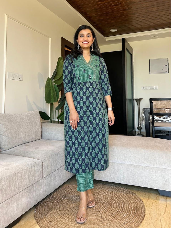 Nisha Ajrakh Angrakha Cotton Set- Blue Green