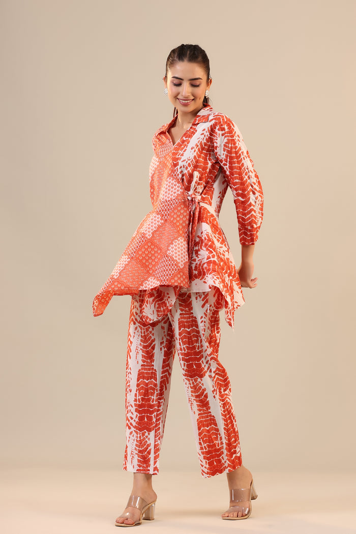 Orange abstract Shibori Knot Cotton Co-ord Set