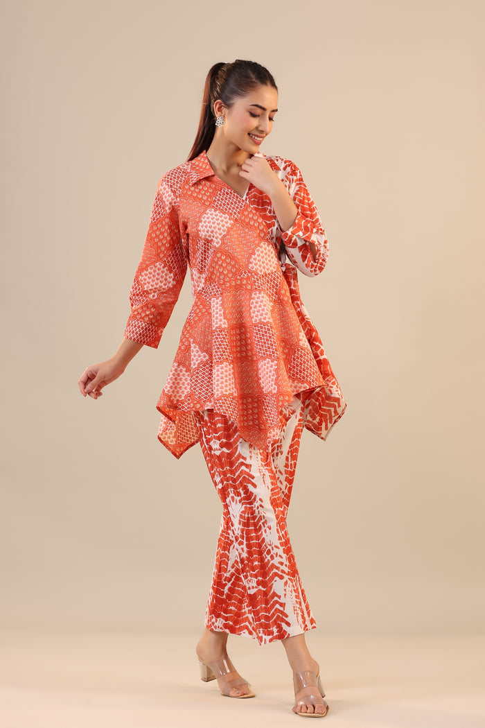 Orange abstract Shibori Knot Cotton Co-ord Set